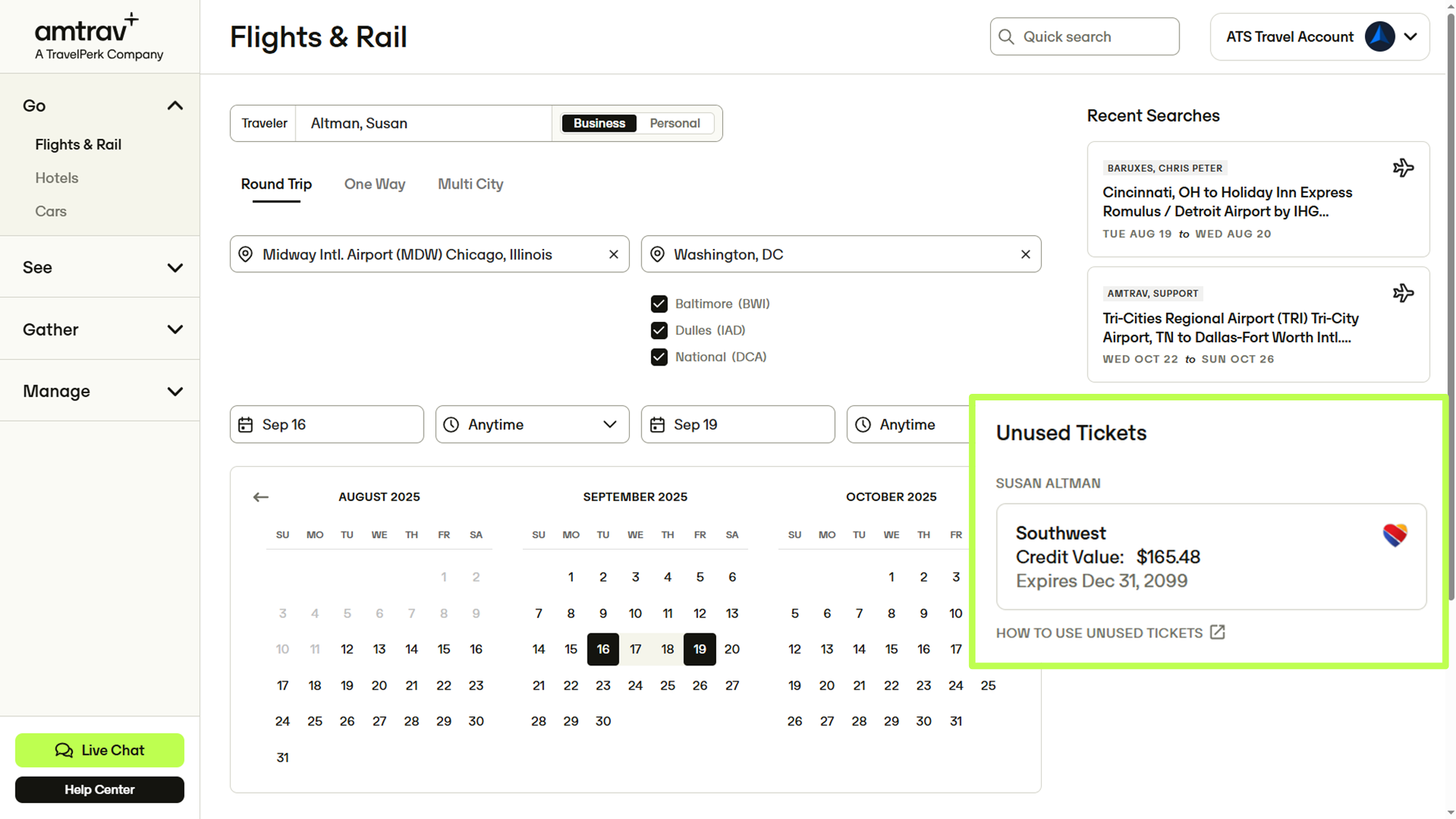 Flight and Rail page showing unused tickets panel for a traveler