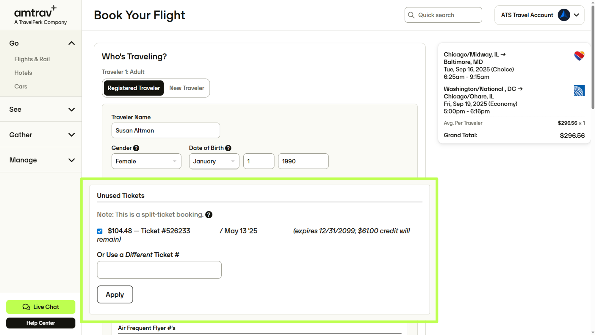 Book Your Flight page showing unused ticket selection and Apply button
