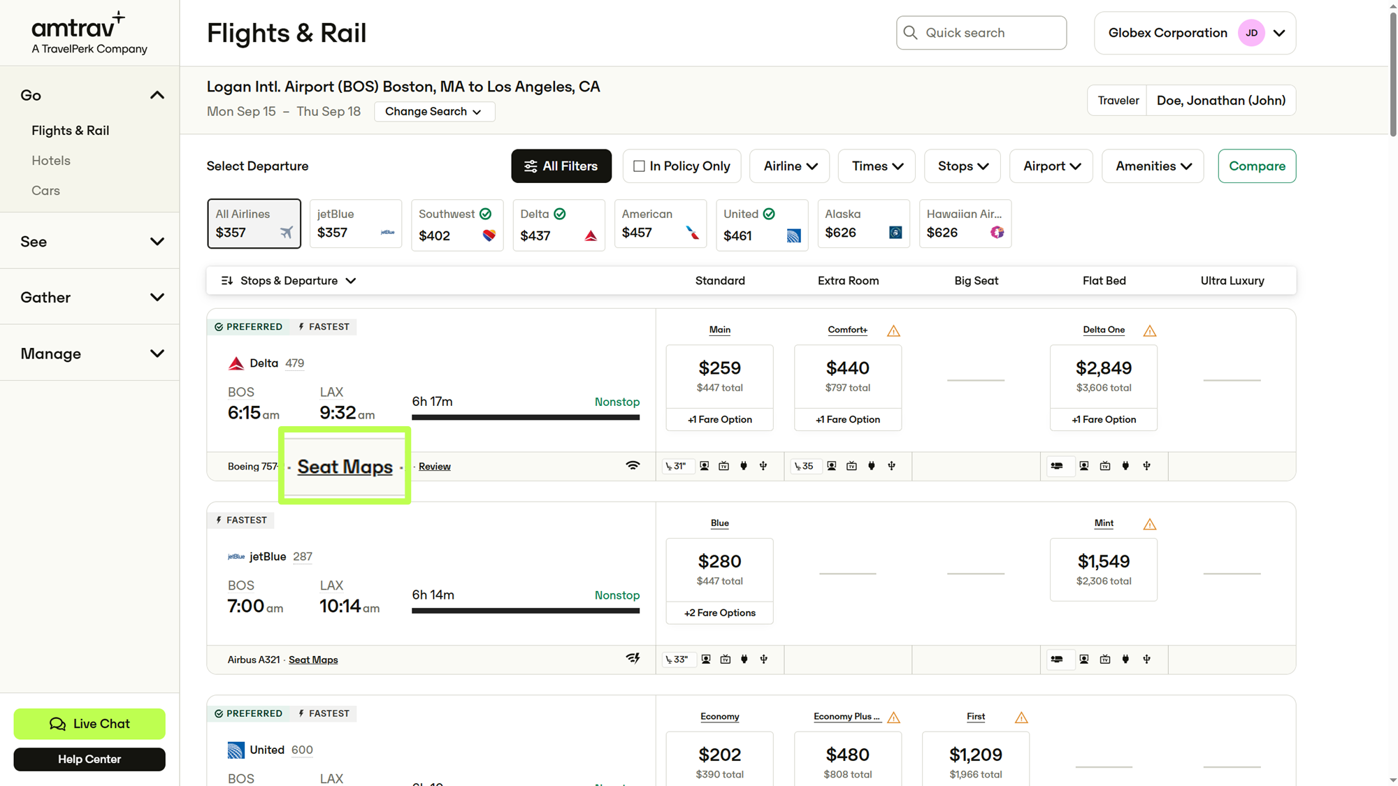 Select Flight search results page showing Seat Map button on a flight row