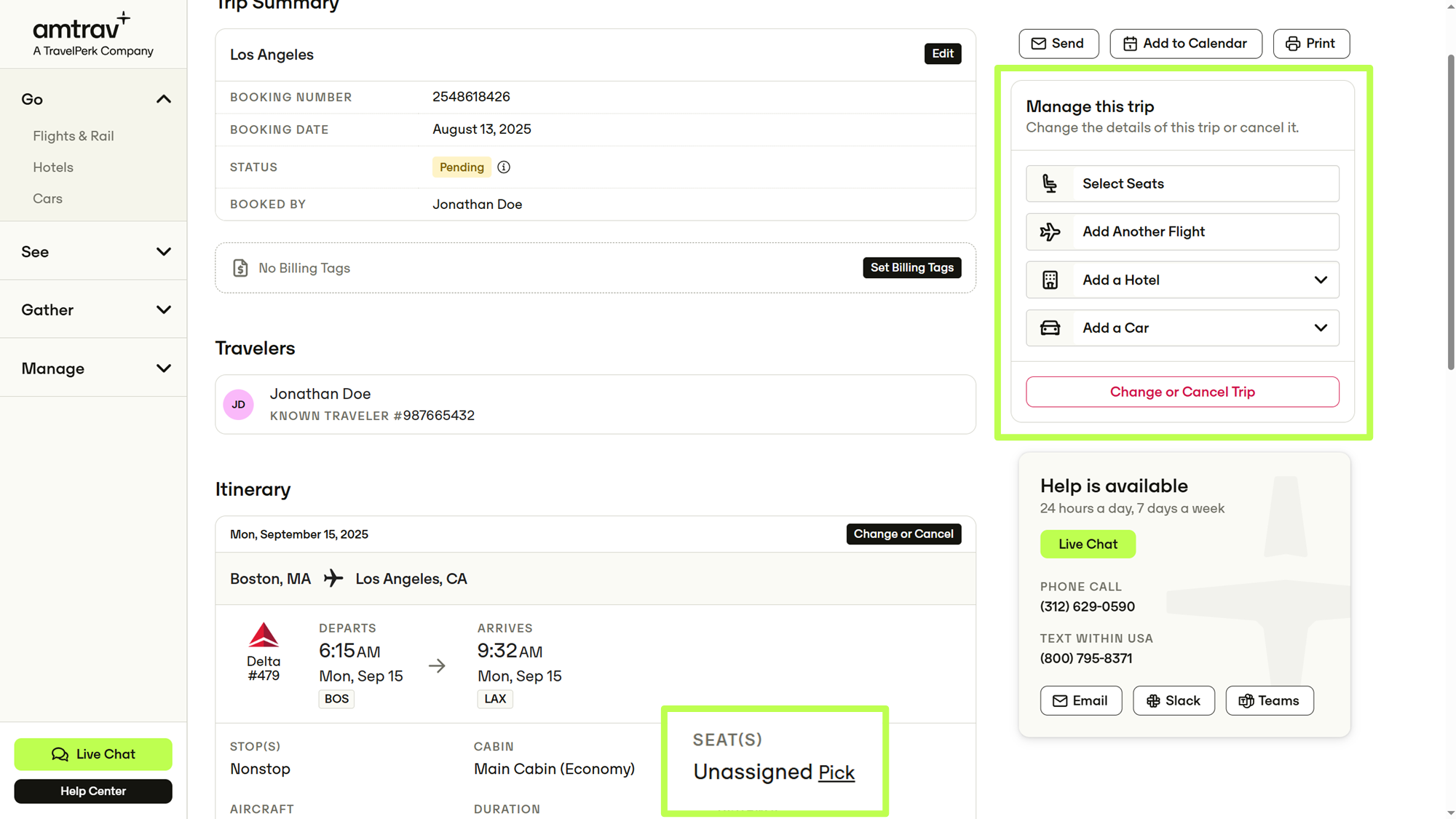 Trip Details page showing Select Seats option and Pick links next to individual flight segments