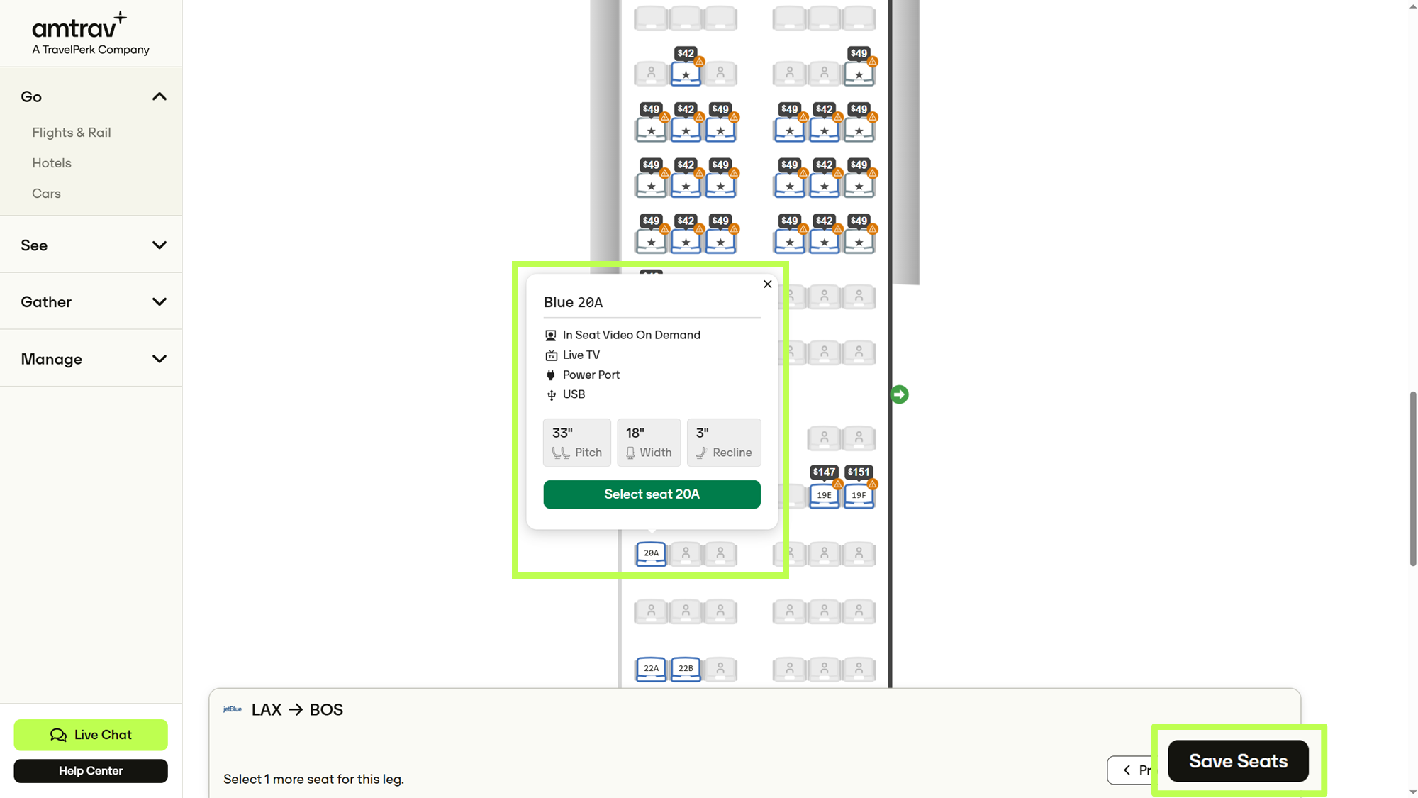 Seat map showing free, paid, and occupied seats with legend, Select button, and Next button