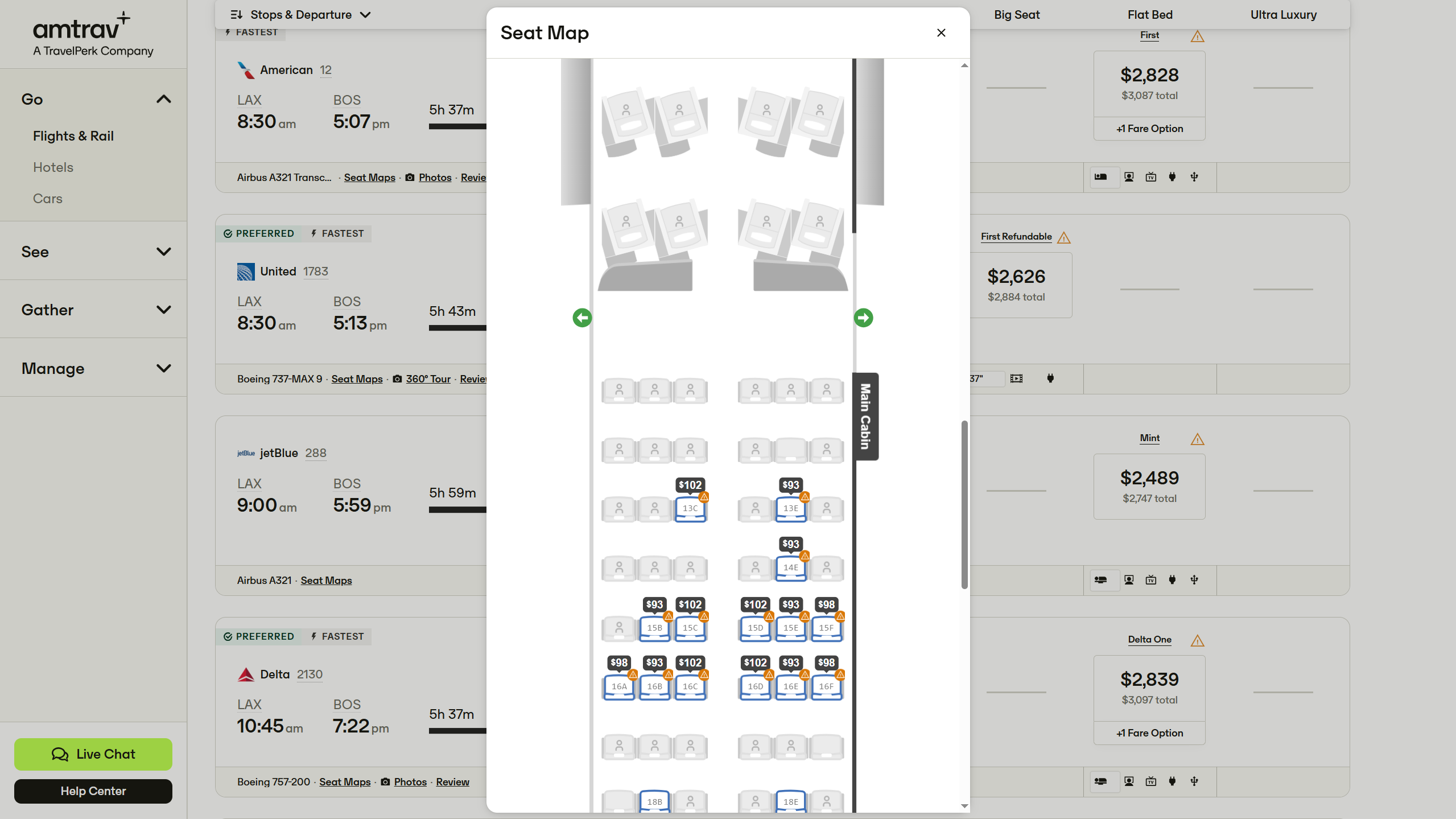 Seat map preview showing available seats by cabin with paid seat prices displayed
