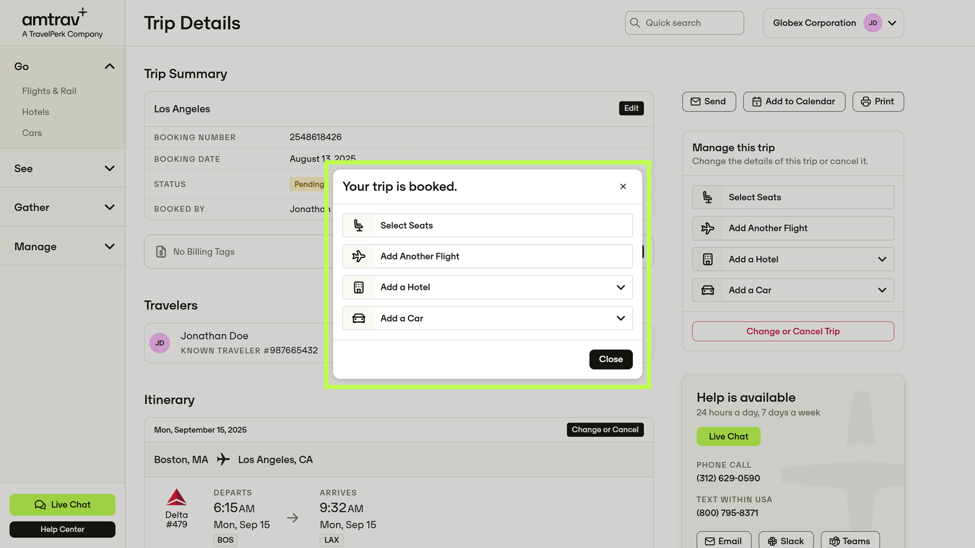 Trip Summary page showing Add or Change Seats prompt with Close option