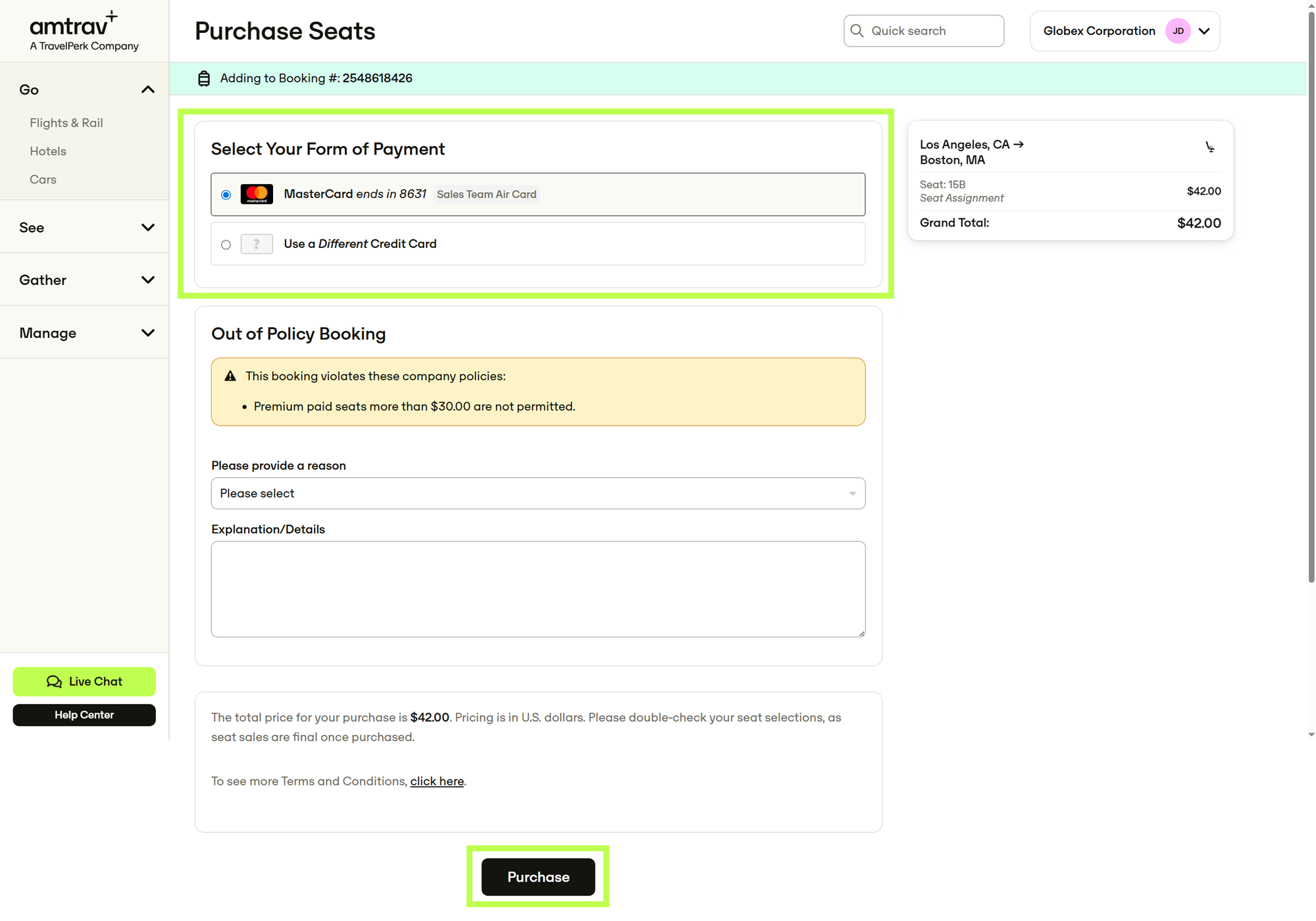 Purchase Seats page showing credit card selection and out-of-policy reason field