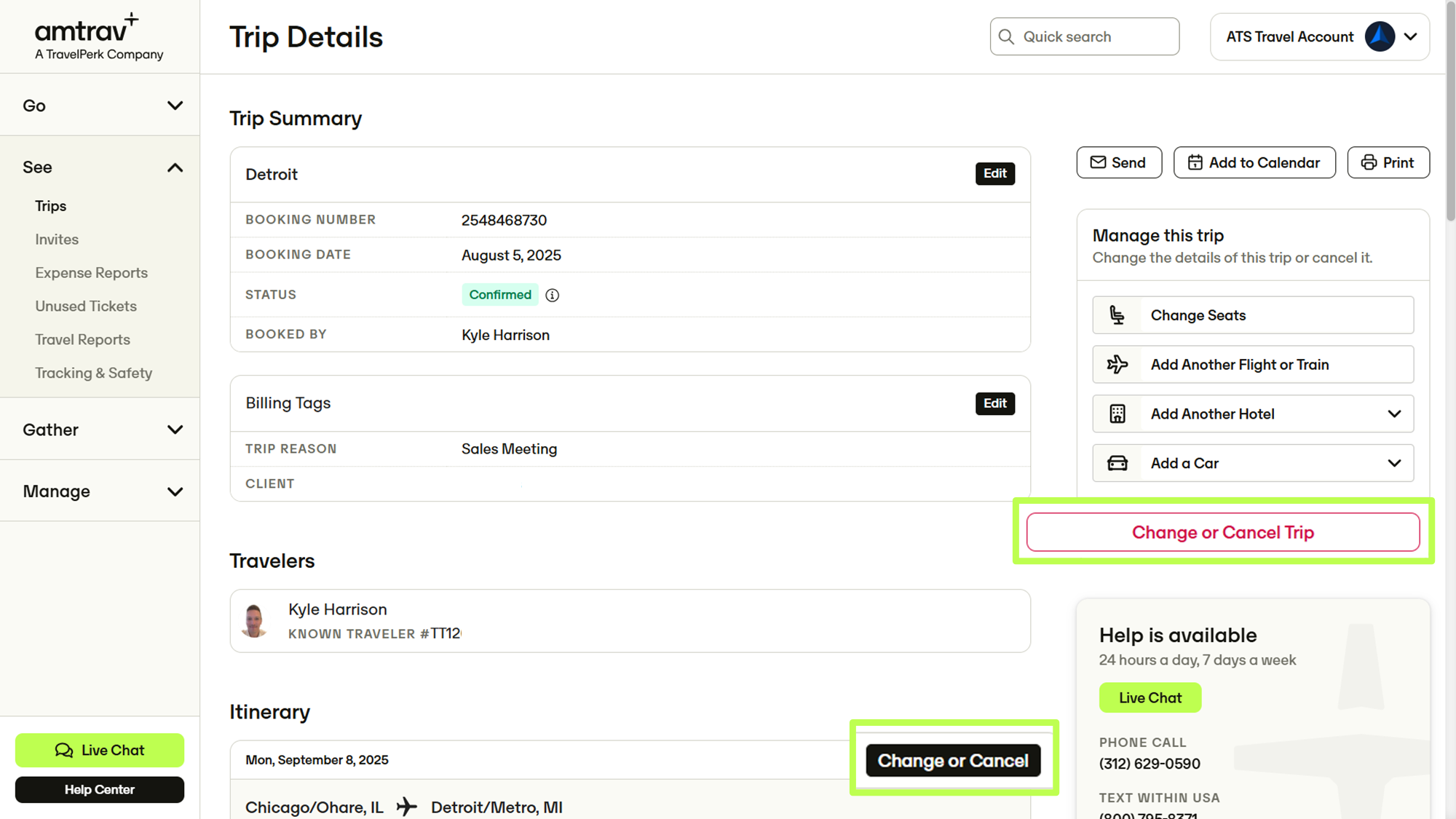 Trip Details page with Change or Cancel button