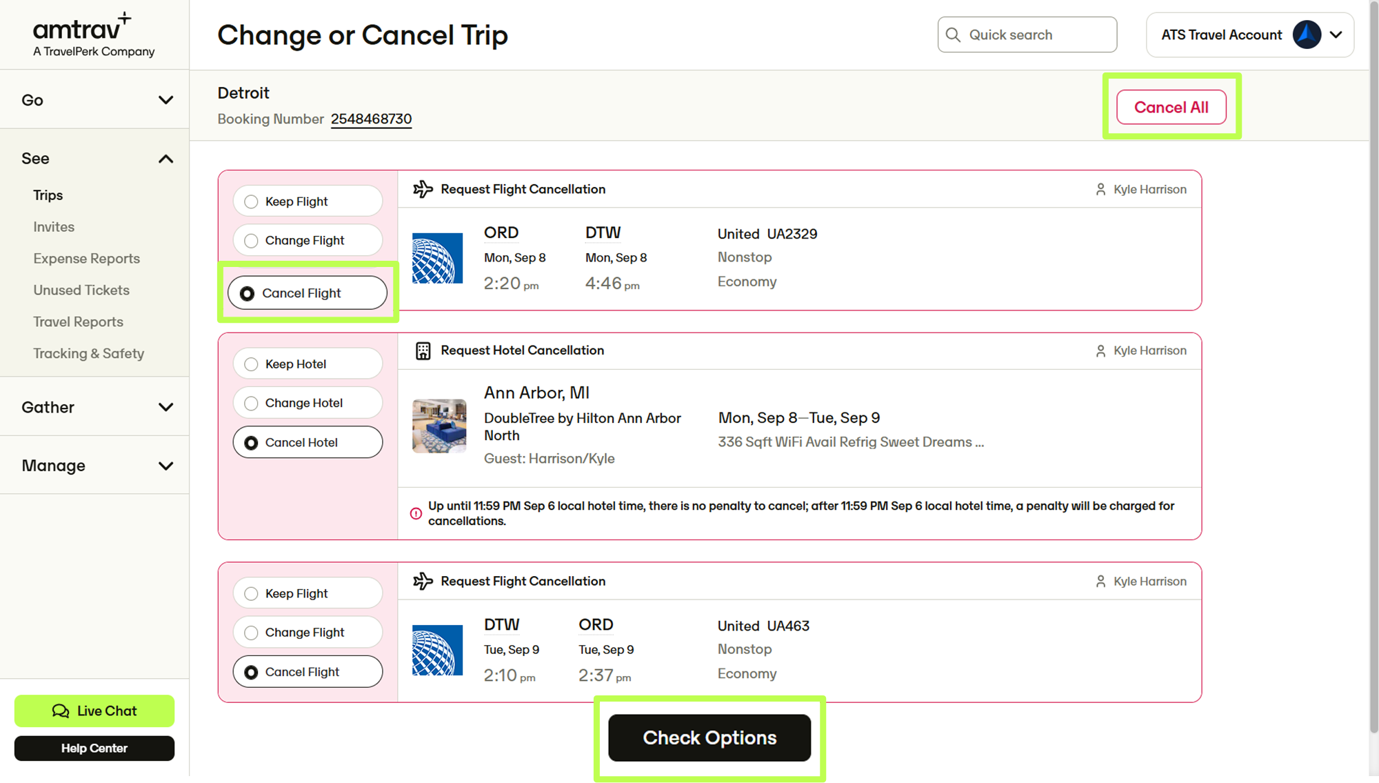 Cancellation screen showing Cancel All and individual Cancel buttons with Check Options