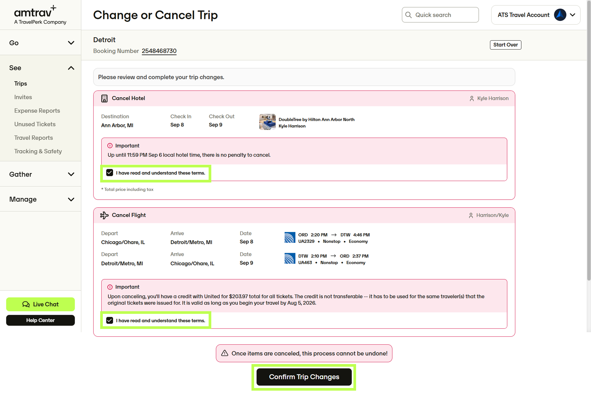 Confirm Trip Changes page with cancellation terms checkbox