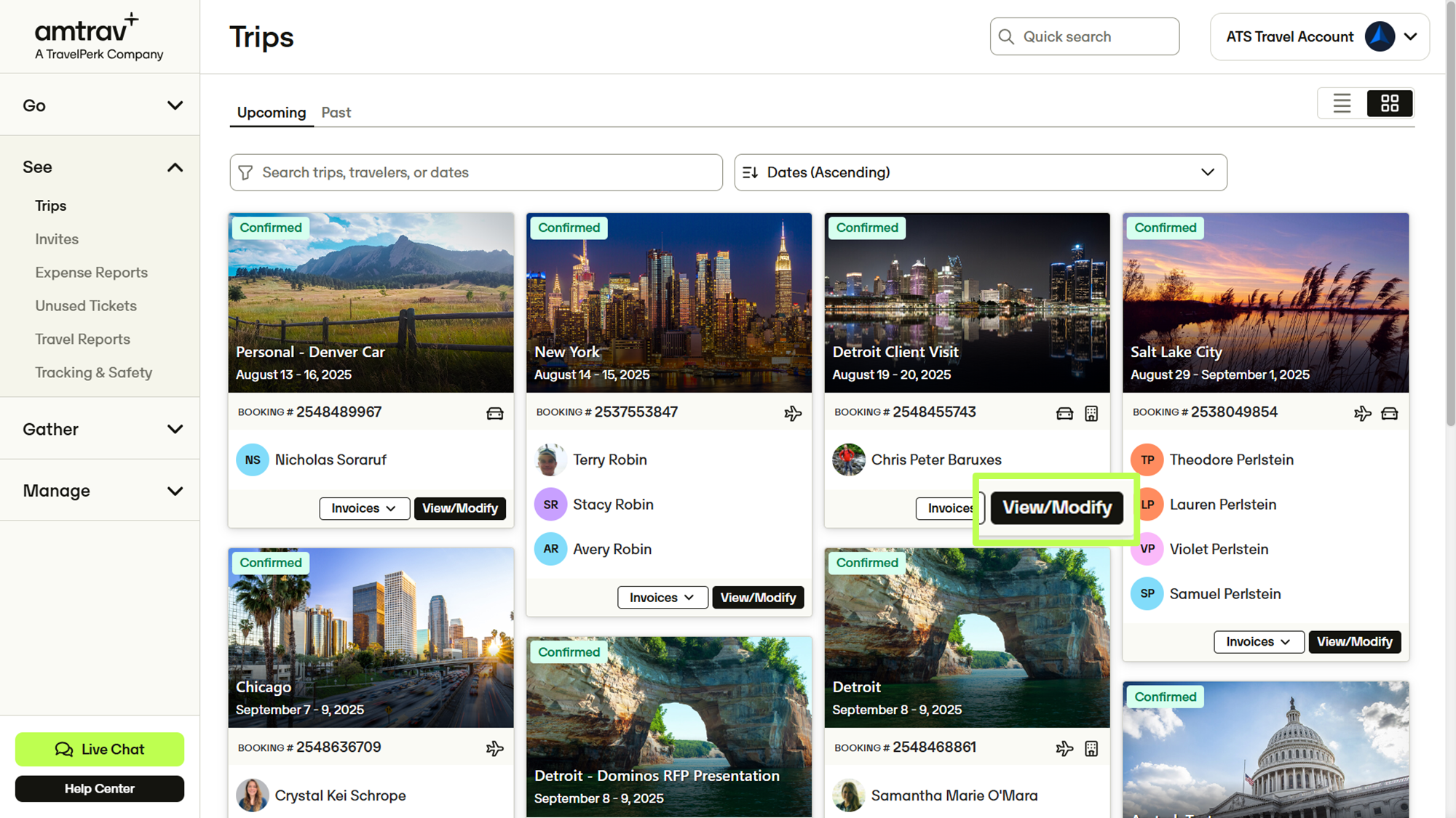 Trip list with View/Modify button