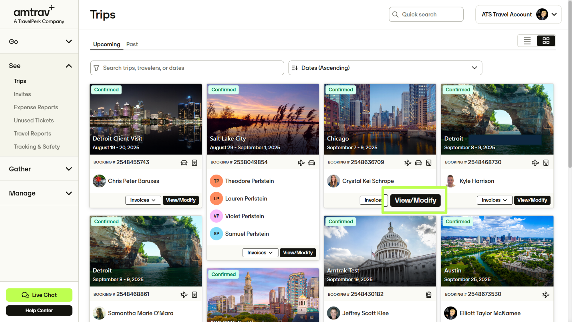 Trip list with View/Modify button