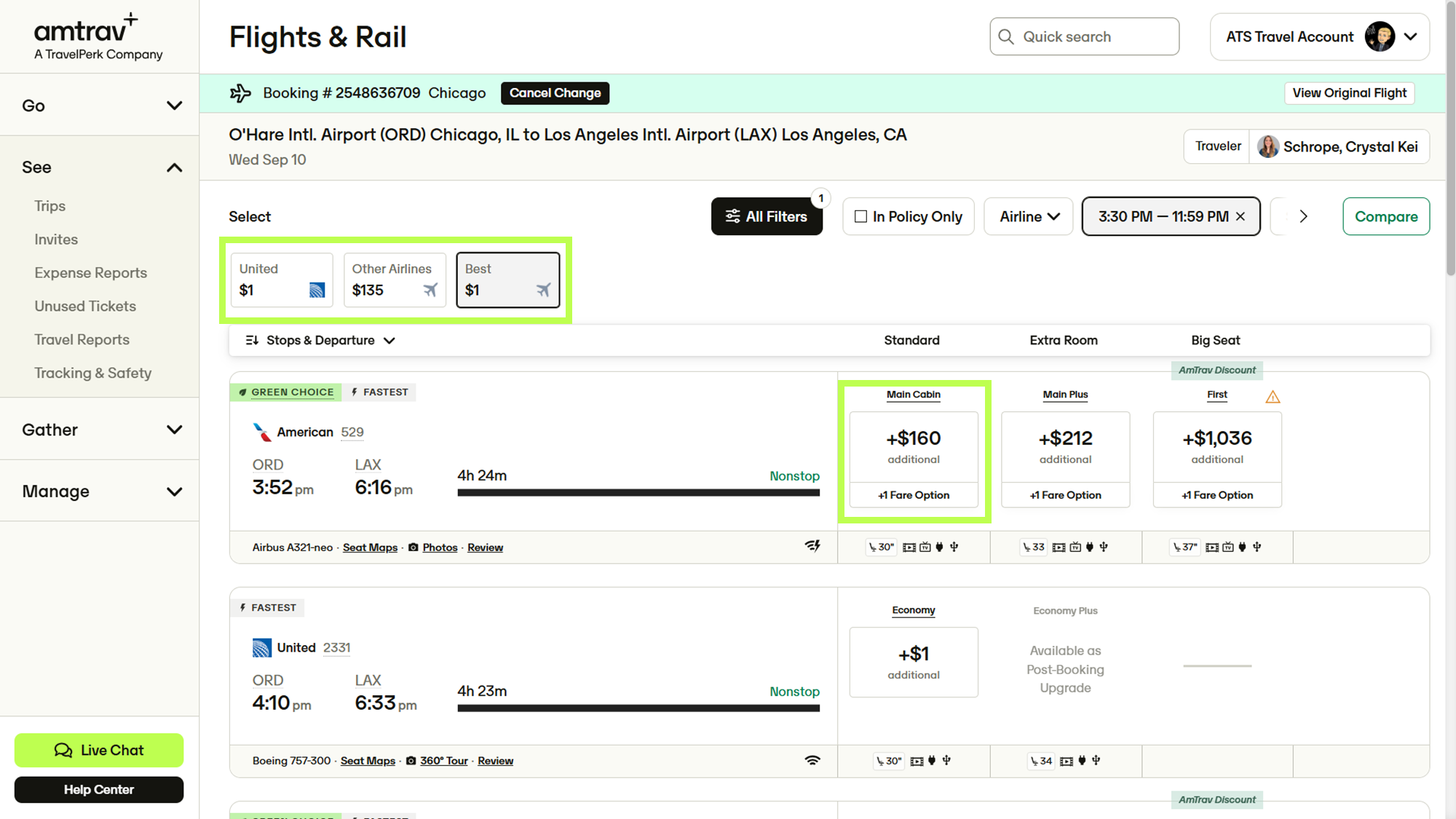 Results page with fare options and ticket credit disclosure