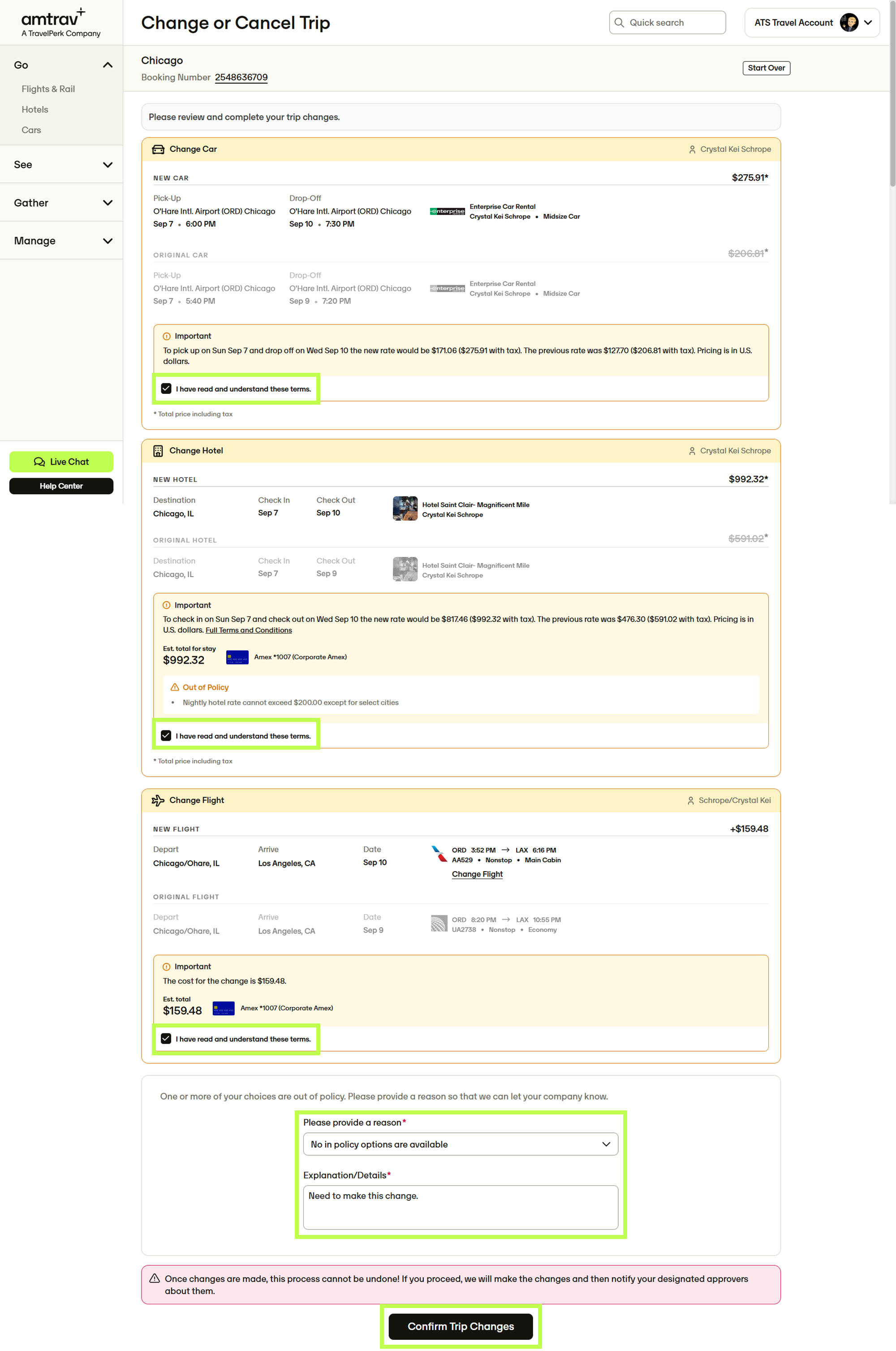 Confirm Trip Changes page with checkbox and confirmation button