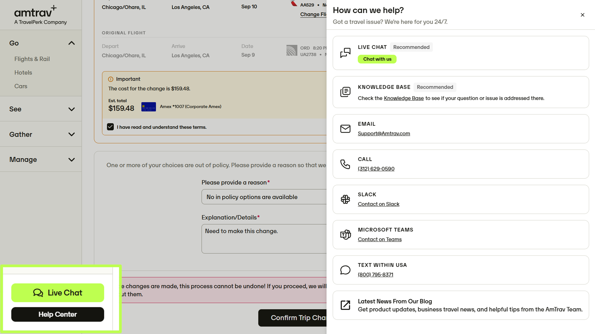 Live Chat and Help Center buttons in AmTrav app