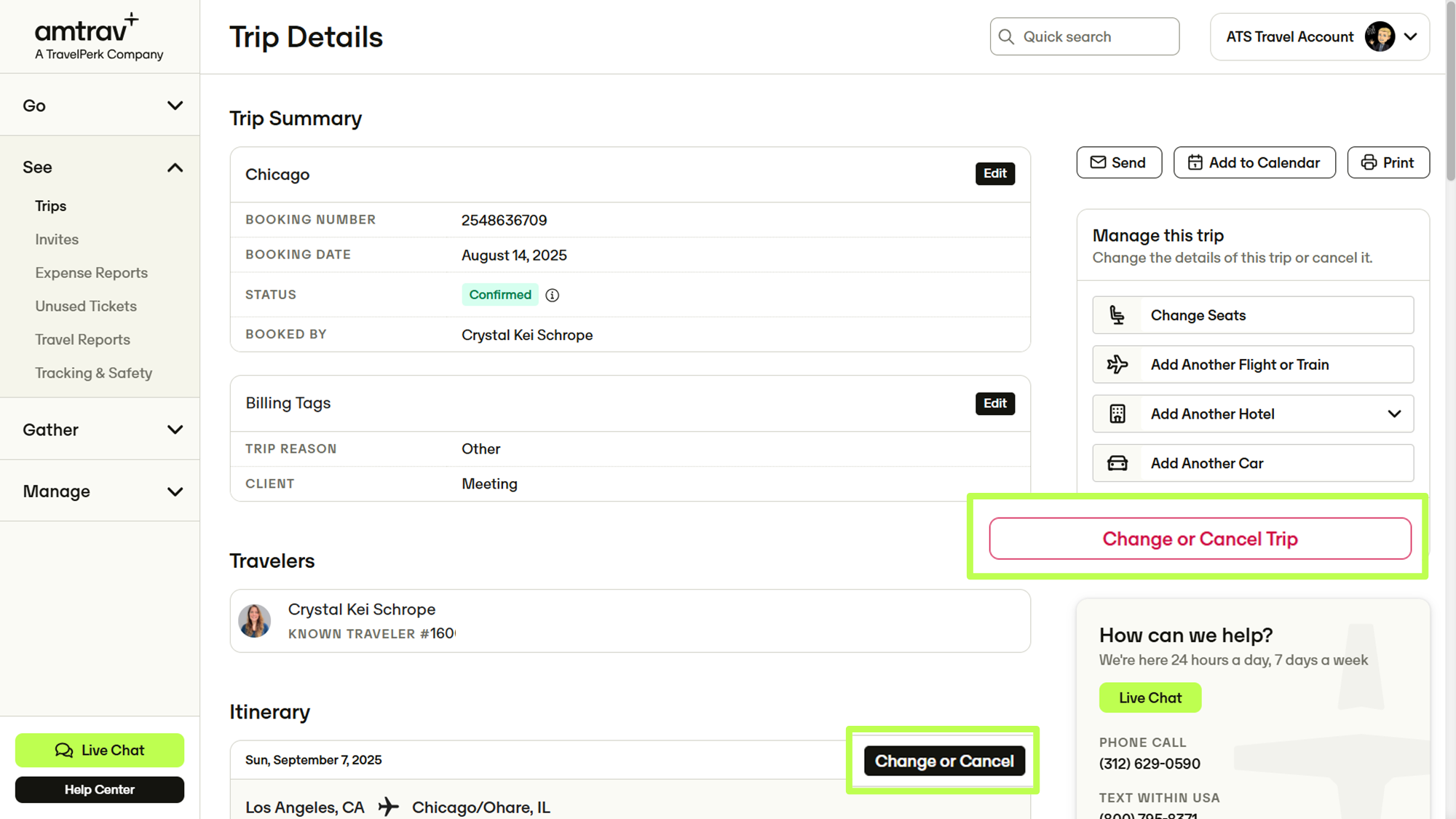 Trip Details page with Change or Cancel button