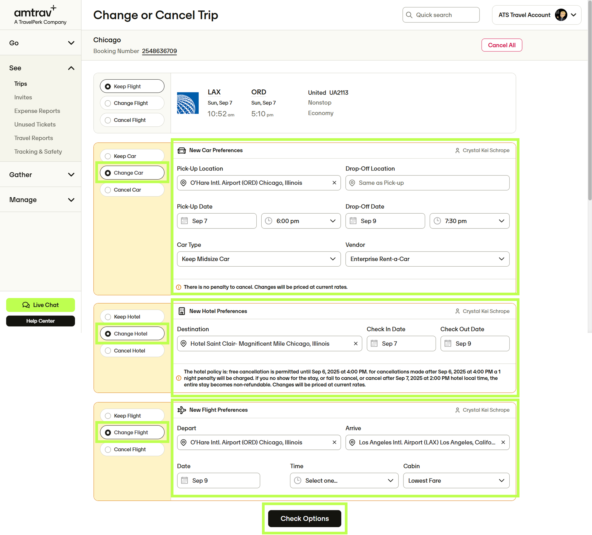 Component selection screen showing Change and Cancel options with Check Options button