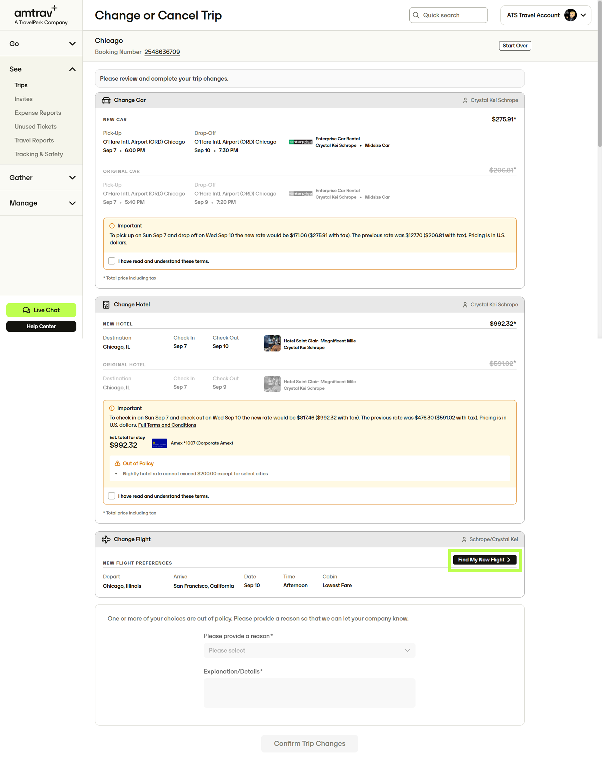 Cart page with Find My New Flight, Hotel, and Car buttons